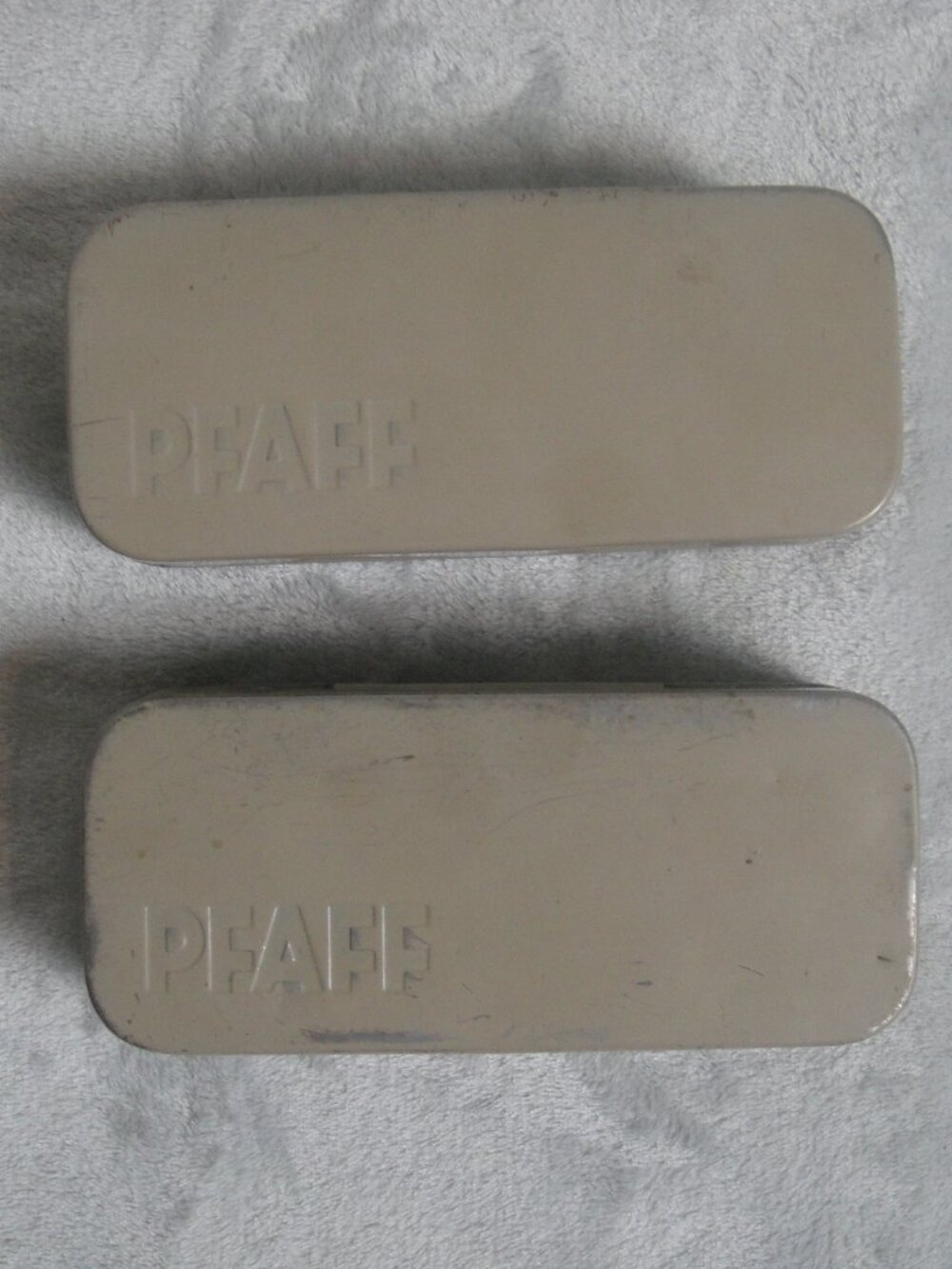 Two Vintage Beige PFAFF Tin Metal Beige Boxes for Sewing Accessories Empty